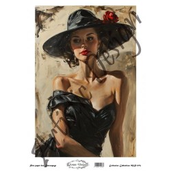 Ριζόχαρτο κοπέλα με καπέλο και μαύρο φόρεμα 42x30cm 
